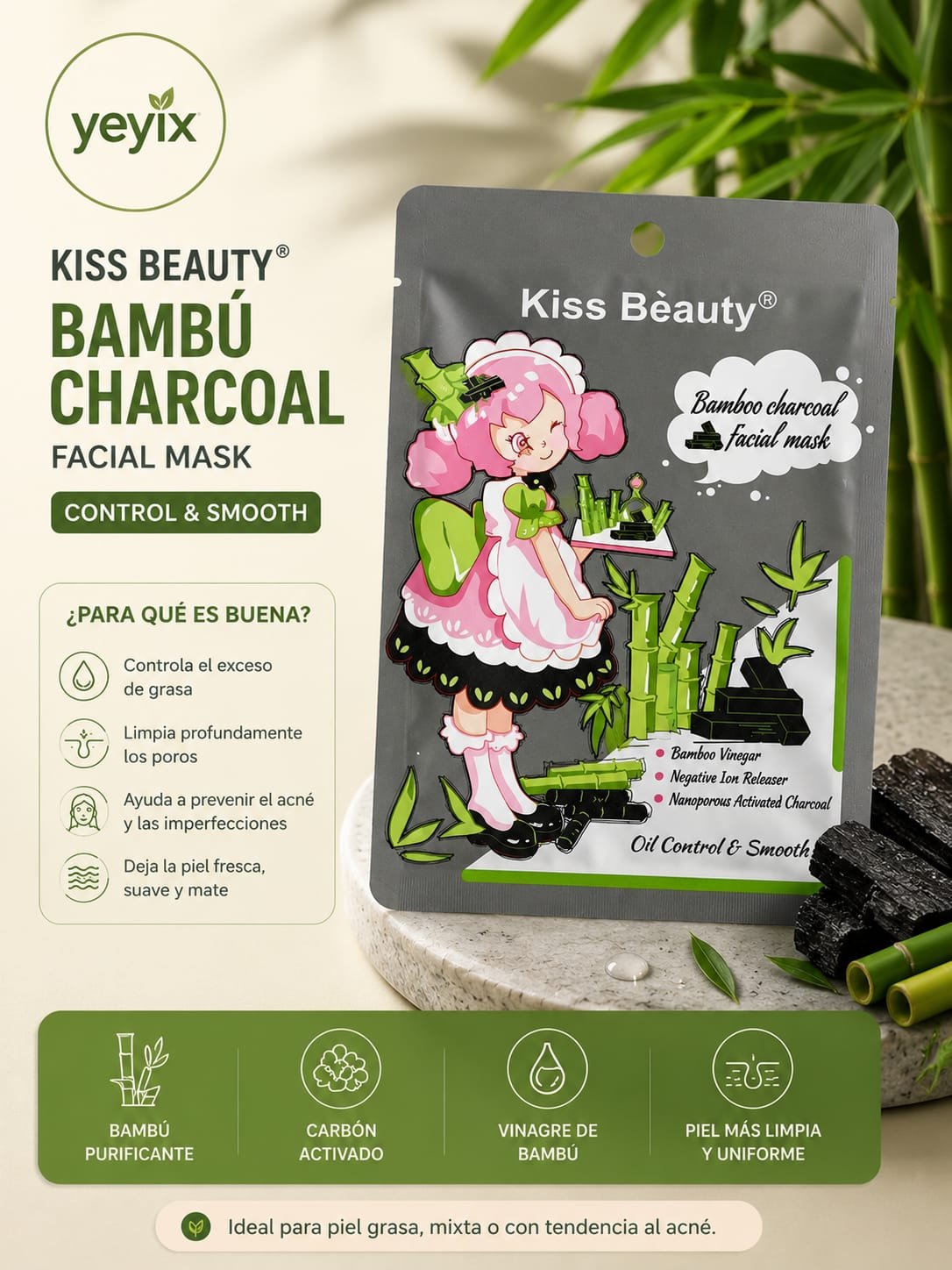 MASCARILLA BAMBÚ CHARCOAL / KISS BEAUTY