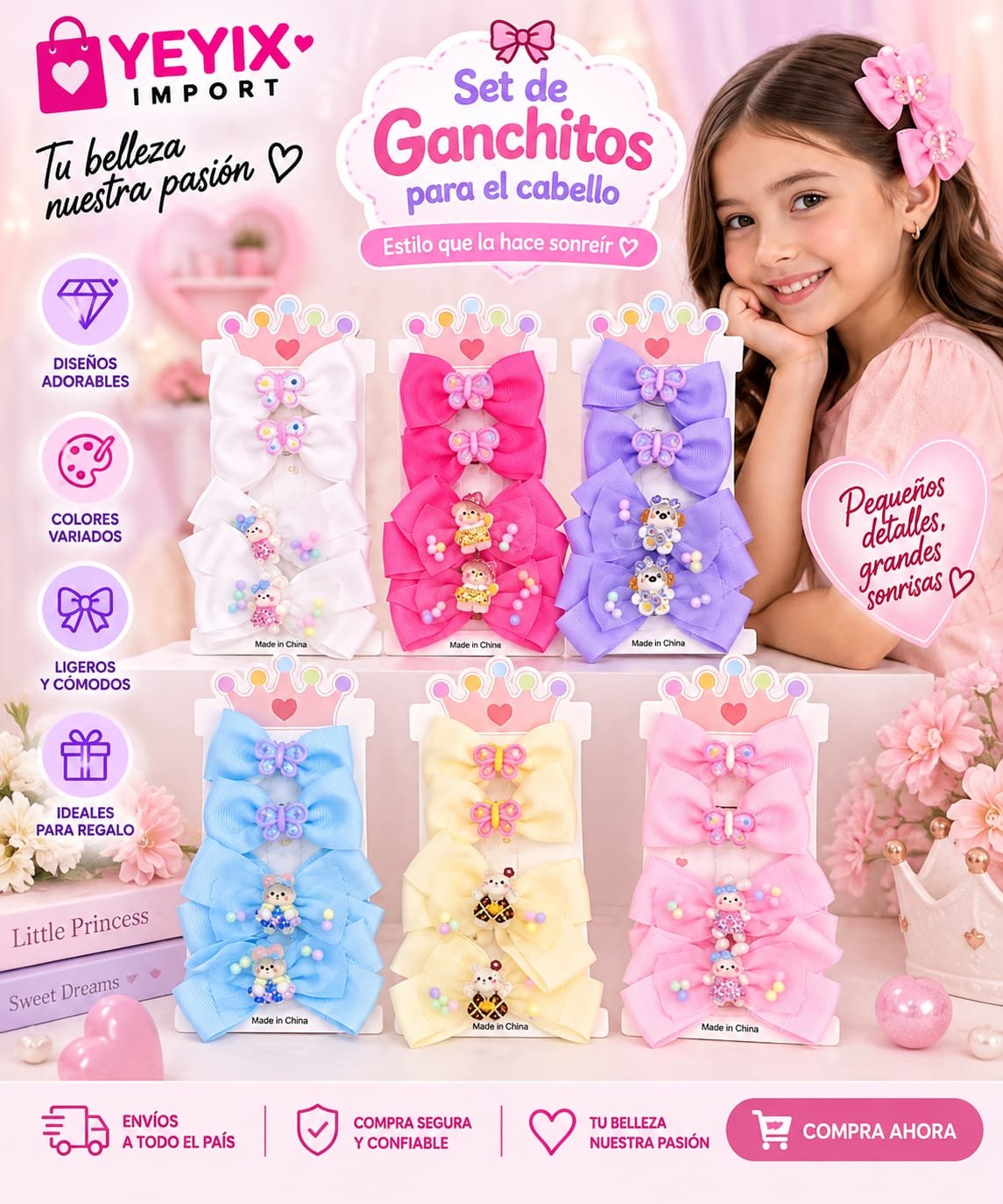 SET DE GANCHITOS CON LAZOS PARA NIÑA – 4 PIEZAS