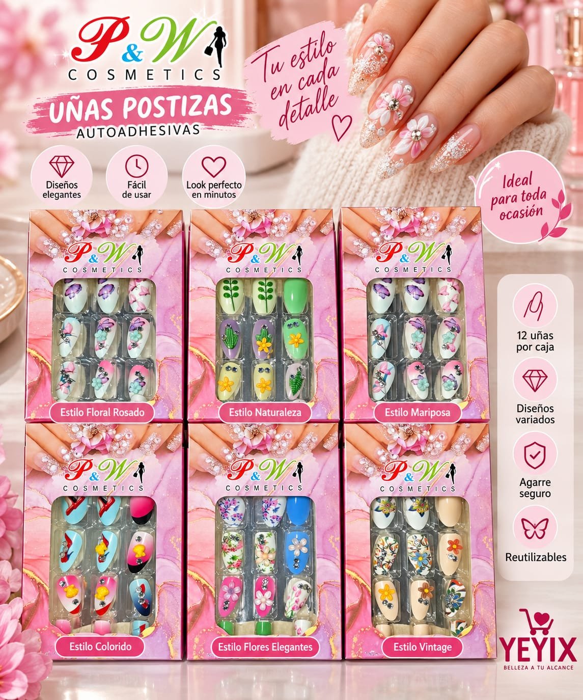 SET DE 12 UÑAS AUTOADHESIVAS
