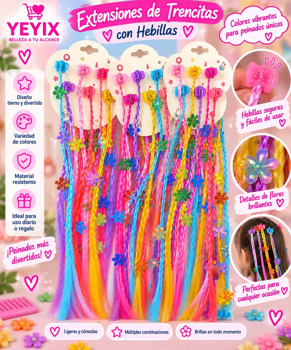 SET DE EXTENSIONES DE 6 TRENCITAS CON FLORES