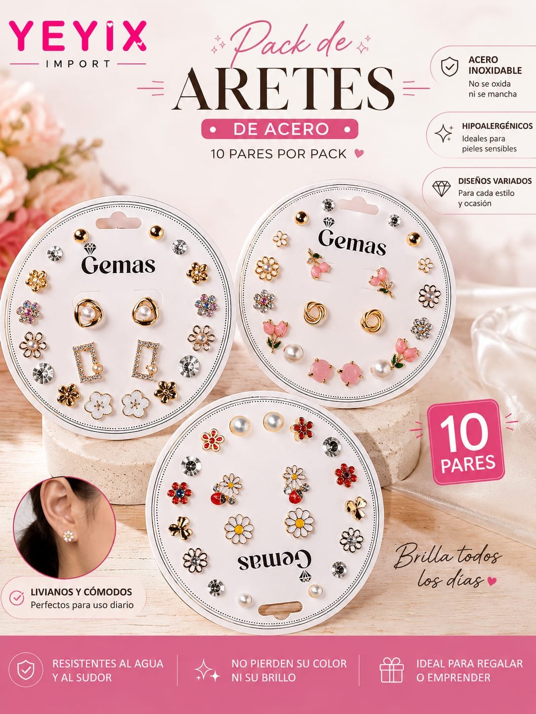 SET ARETES ACERO INOXIDABLE (10 PARES)